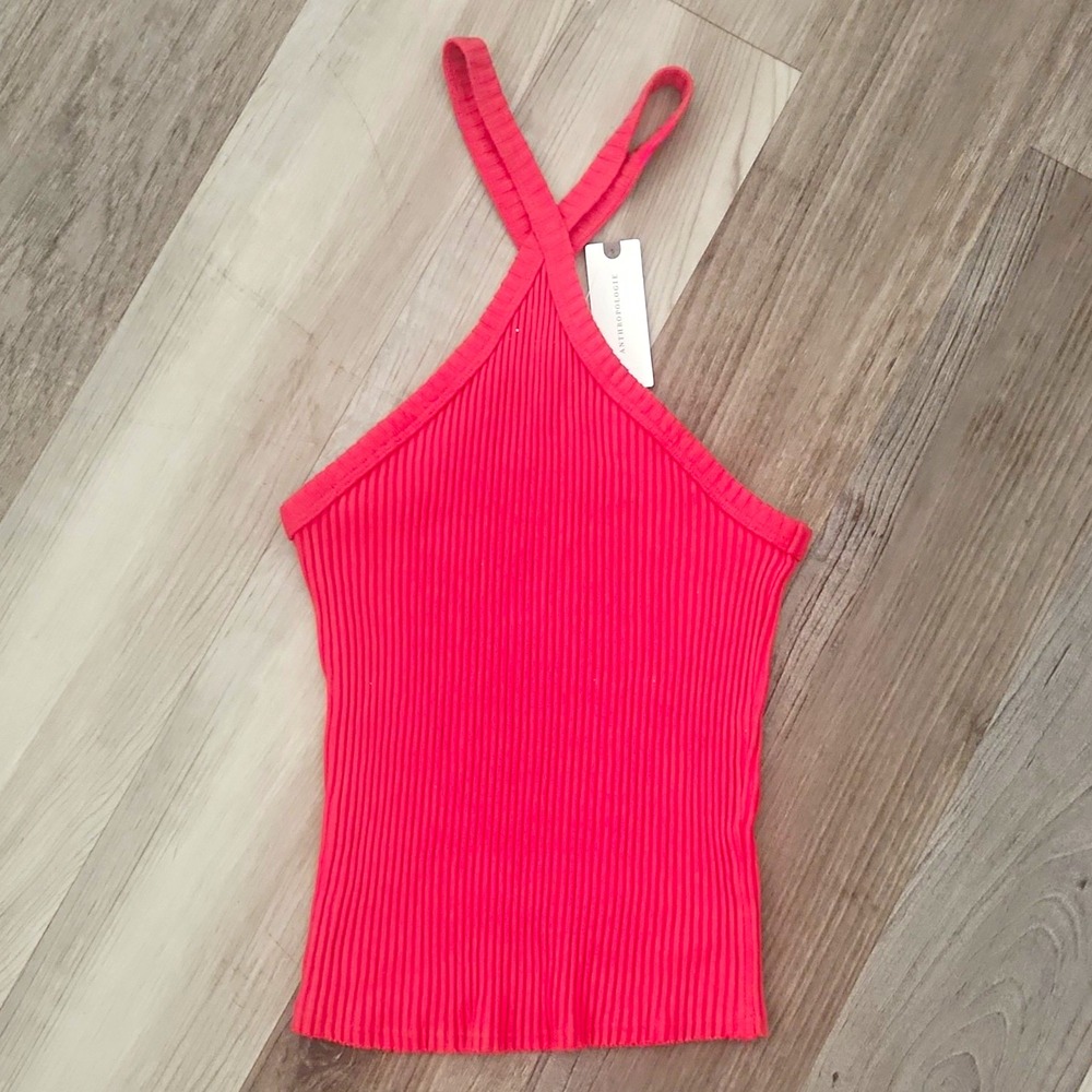 t.la Anthropologie NWT Red Solid Ribbed Knit Halter Pullover Top Size XXS